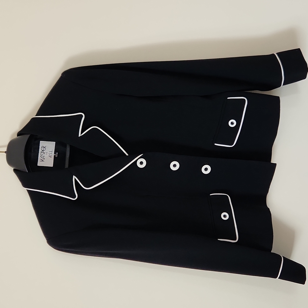 90s ,KASPER ,Black blazer with white piping trim, size 8